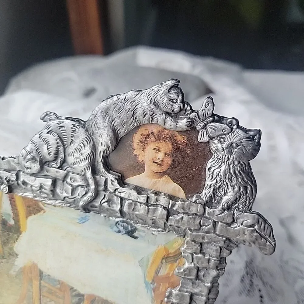 Vtg Mini Pewter Metal Picture Frame W/Cats Holds 3.5X5